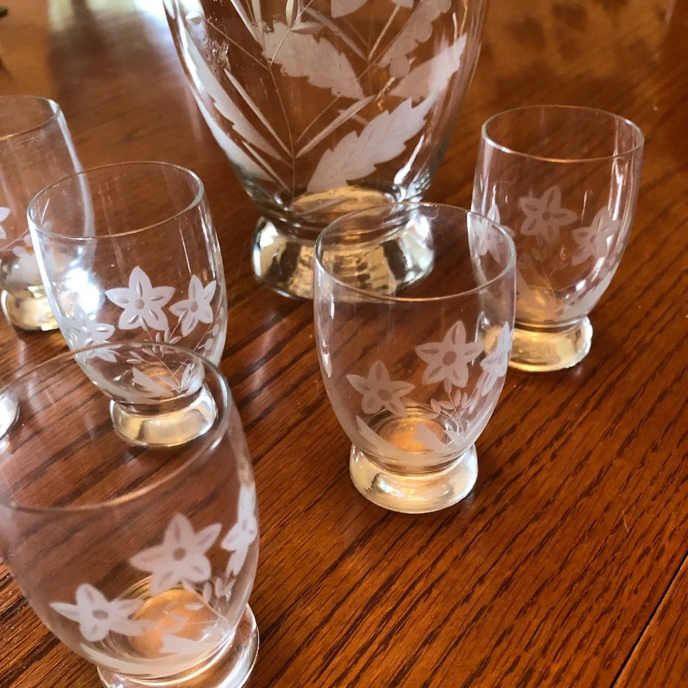 Vintage Clear Glass Etched Decanter and Six Shot Glasses